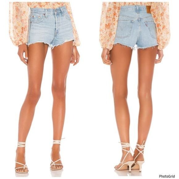 Levis 501 premium big E High Waisted raw hem Shorts 100% cotton faded 26 - Picture 3 of 11